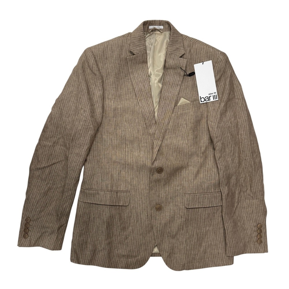 Bar III Mens 38R Slim Fit 100% Linen Blazer Tan Pinstripe Sport‎ Coat NWT